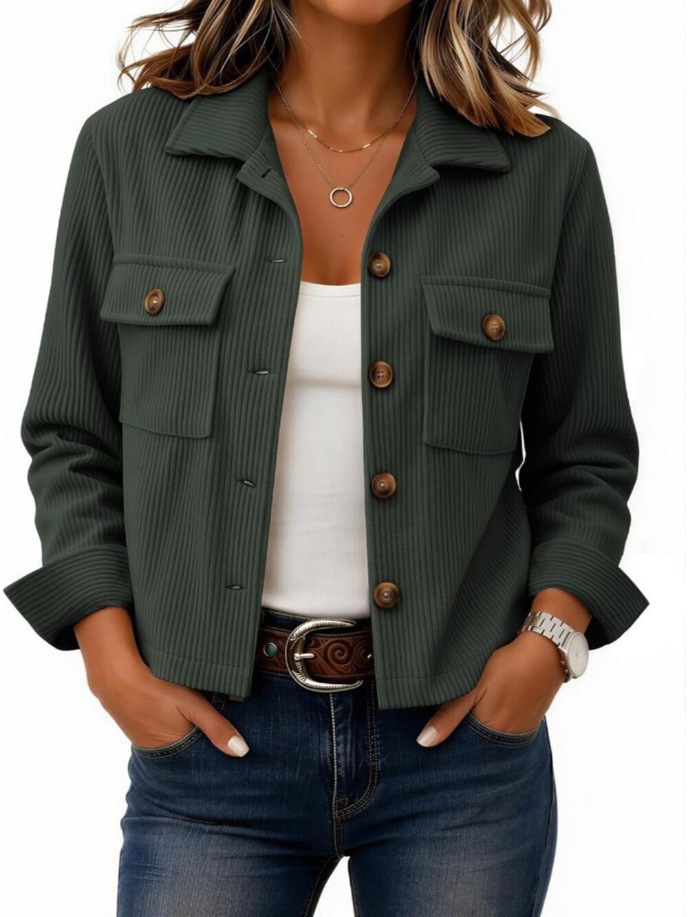 Women's Green Fashion Cropped Corduroy Button Down Long Sleeve Trendy Jacket